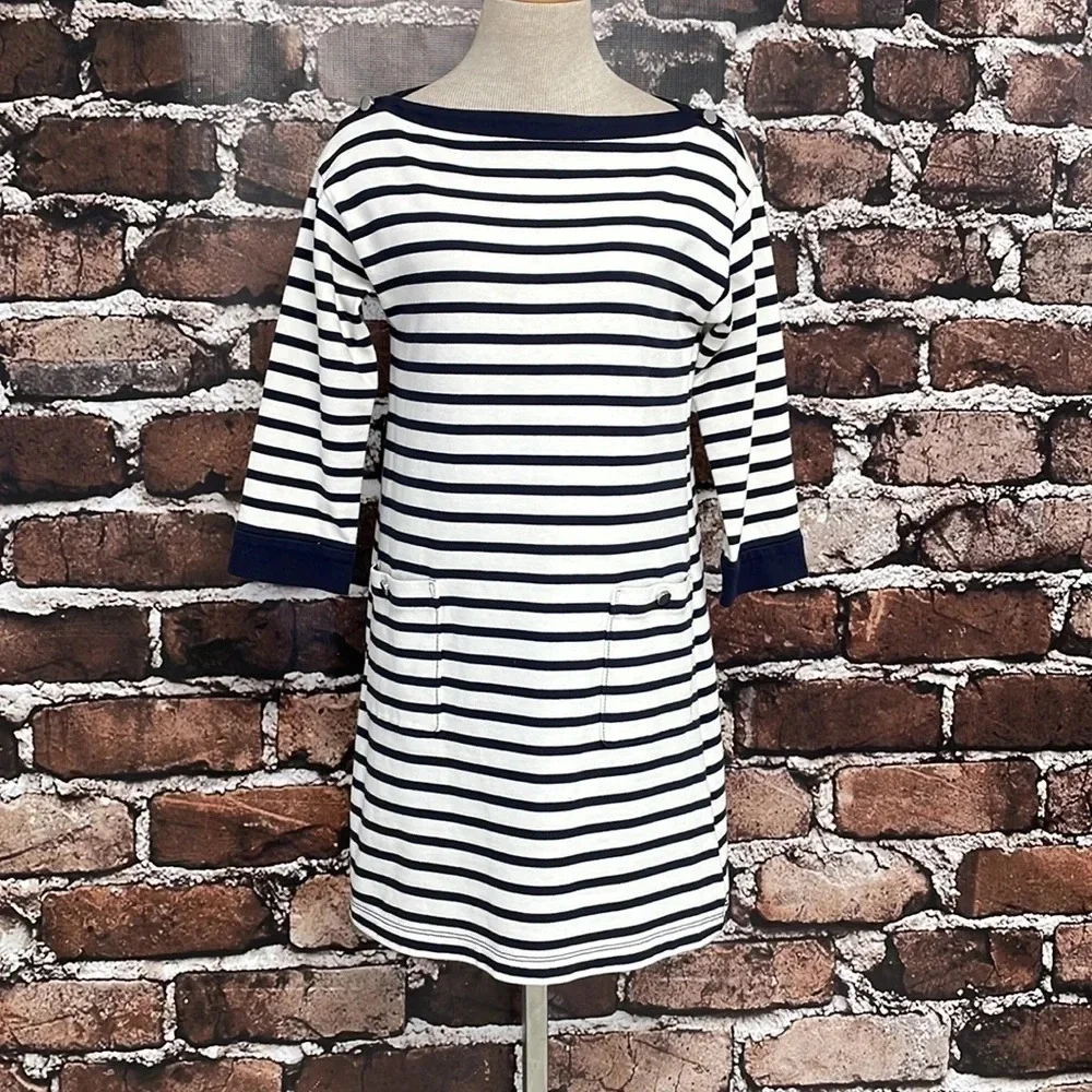 Kate Spade Dress Nautical Stripe Navy Blue White Boatneck Pockets Size Small